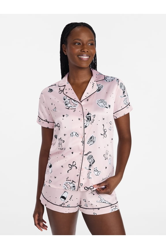 Women’s Stretch Satin Short Sleeve Top and Shorts Pajama Set, Sizes XS-3X