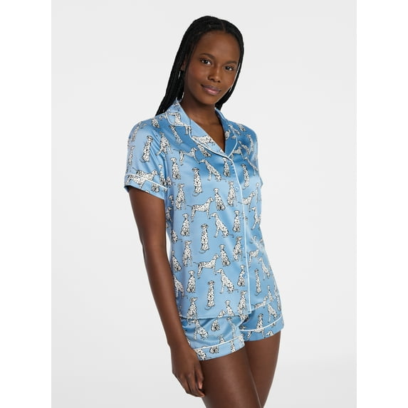 Joyspun Women’s Stretch Satin Short Sleeve Top and Shorts Pajama Set, Sizes XS-3X