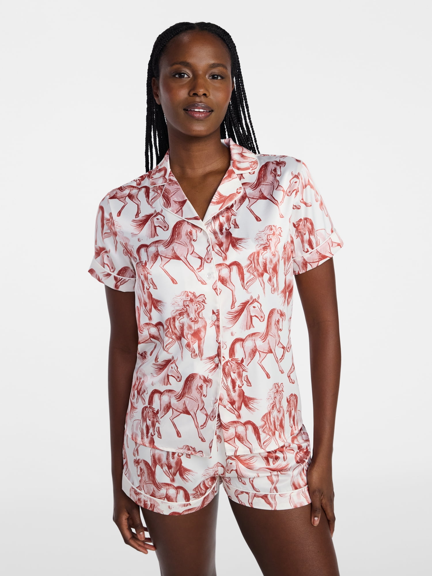 Joyspun Women’s Stretch Satin Short Sleeve Top and Shorts Pajama Set, Sizes XS-3X