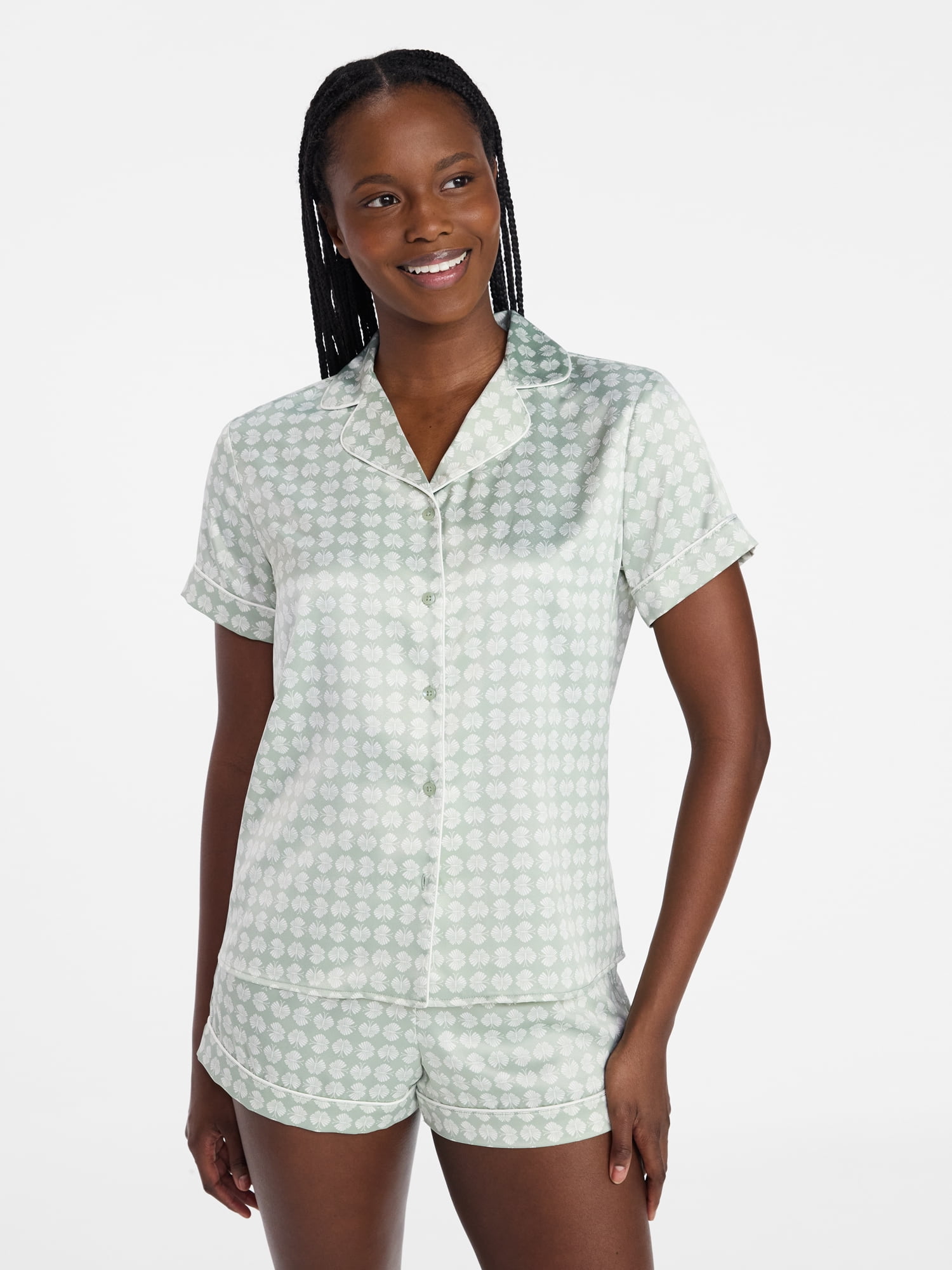 Joyspun Women’s Stretch Satin Short Sleeve Top and Shorts Pajama Set, Sizes XS-3X