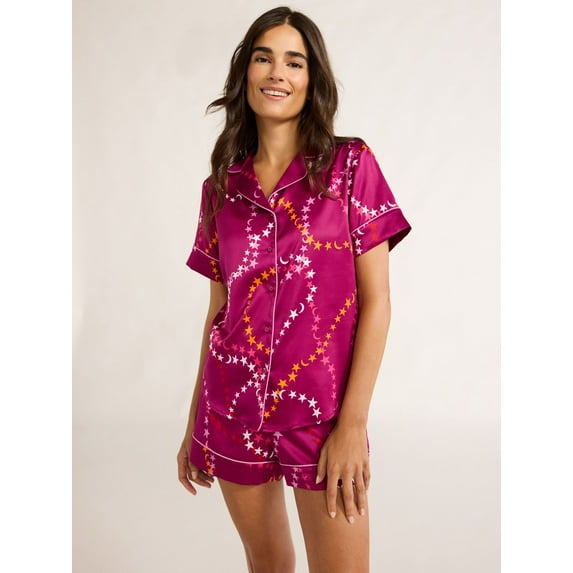 Joyspun Women’s Stretch Satin Shortie Pajama Set, 2-Piece, Sizes XS-3X