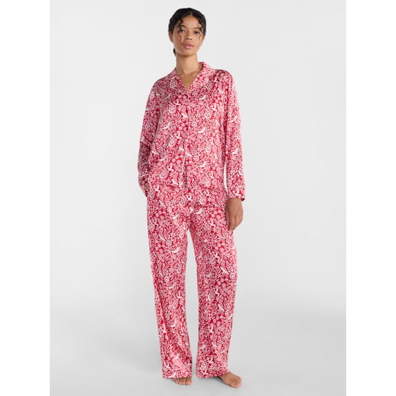 Joyspun Women’s Stretch Satin Sleep Top and Pants, 2-Piece Set, Sizes XS to 3X