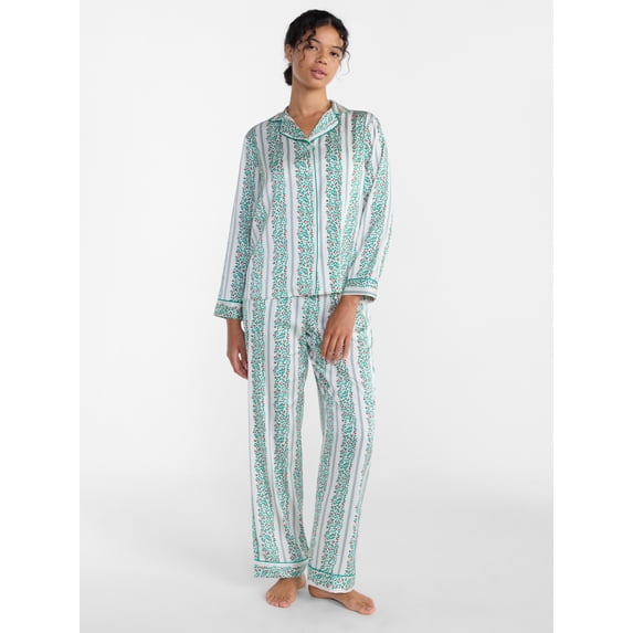 Joyspun Women’s Stretch Satin Sleep Top and Pants, 2-Piece Set, Sizes XS to 3X