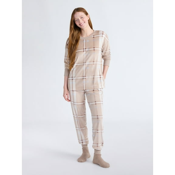 Joyspun Women’s Stretch Velour Long Sleeve Top, Pants, and Socks Pajama Set, 3-Piece, Sizes XS-4X