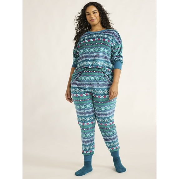 Joyspun Women's Stretch Velour Pajama Set with Socks, 3-Piece, Sizes XS-3X