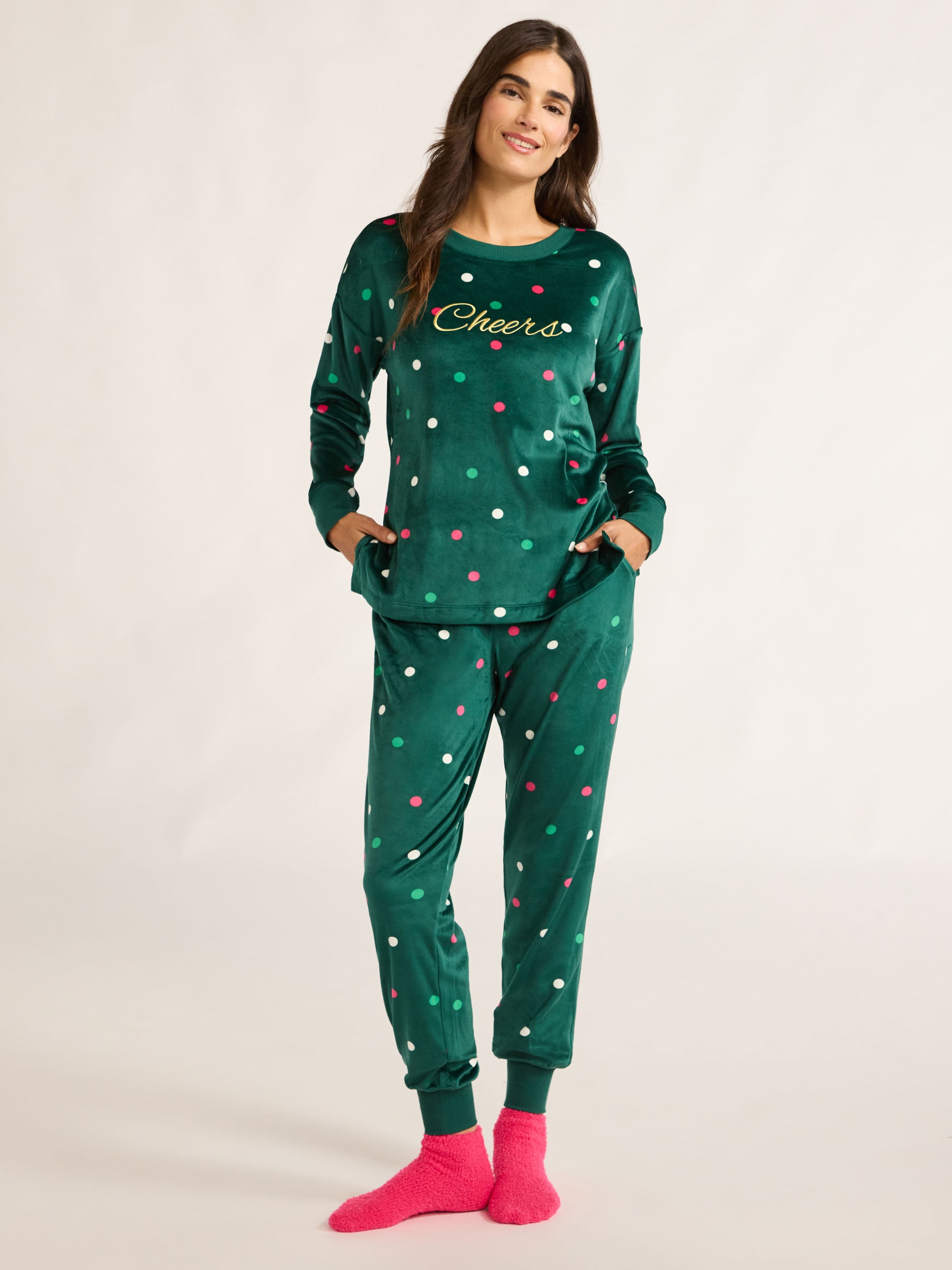 Joyspun Women's Stretch Velour Pajama Set with Socks, 3-Piece, Sizes XS-3X