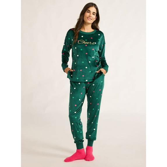 Joyspun Women's Stretch Velour Pajama Set with Socks, 3-Piece, Sizes XS-3X