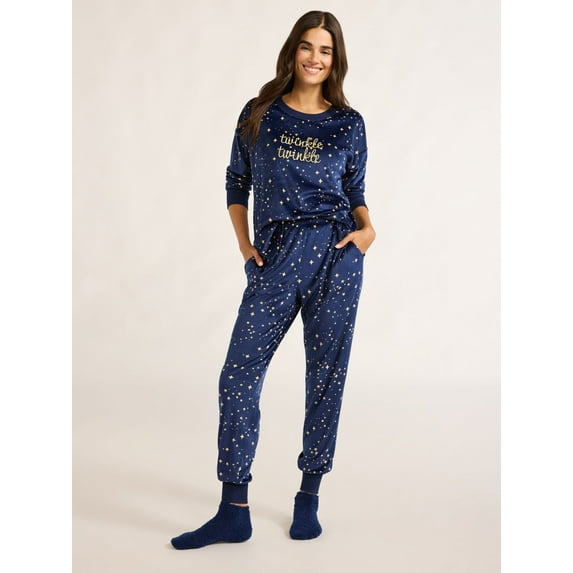 Joyspun Women's Stretch Velour Pajama Set with Socks, 3-Piece, Sizes XS-3X