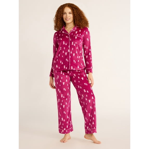 Joyspun Women's Velour Notch Collar Top and Pants Pajama Set, 2-Piece, Sizes S-3X