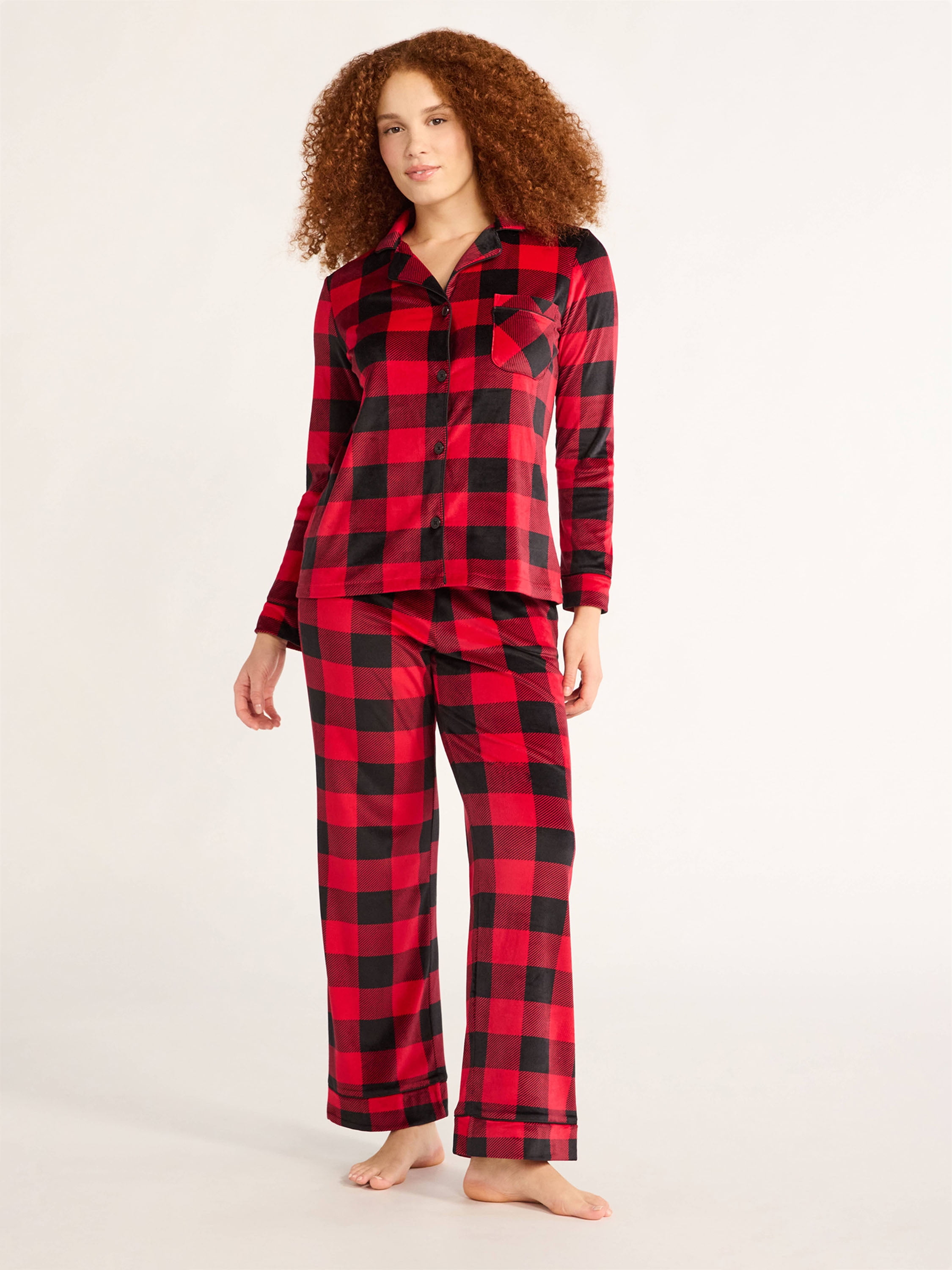 Joyspun Women's Velour Notch Collar Top and Pants Pajama Set, 2-Piece, Sizes S-3X