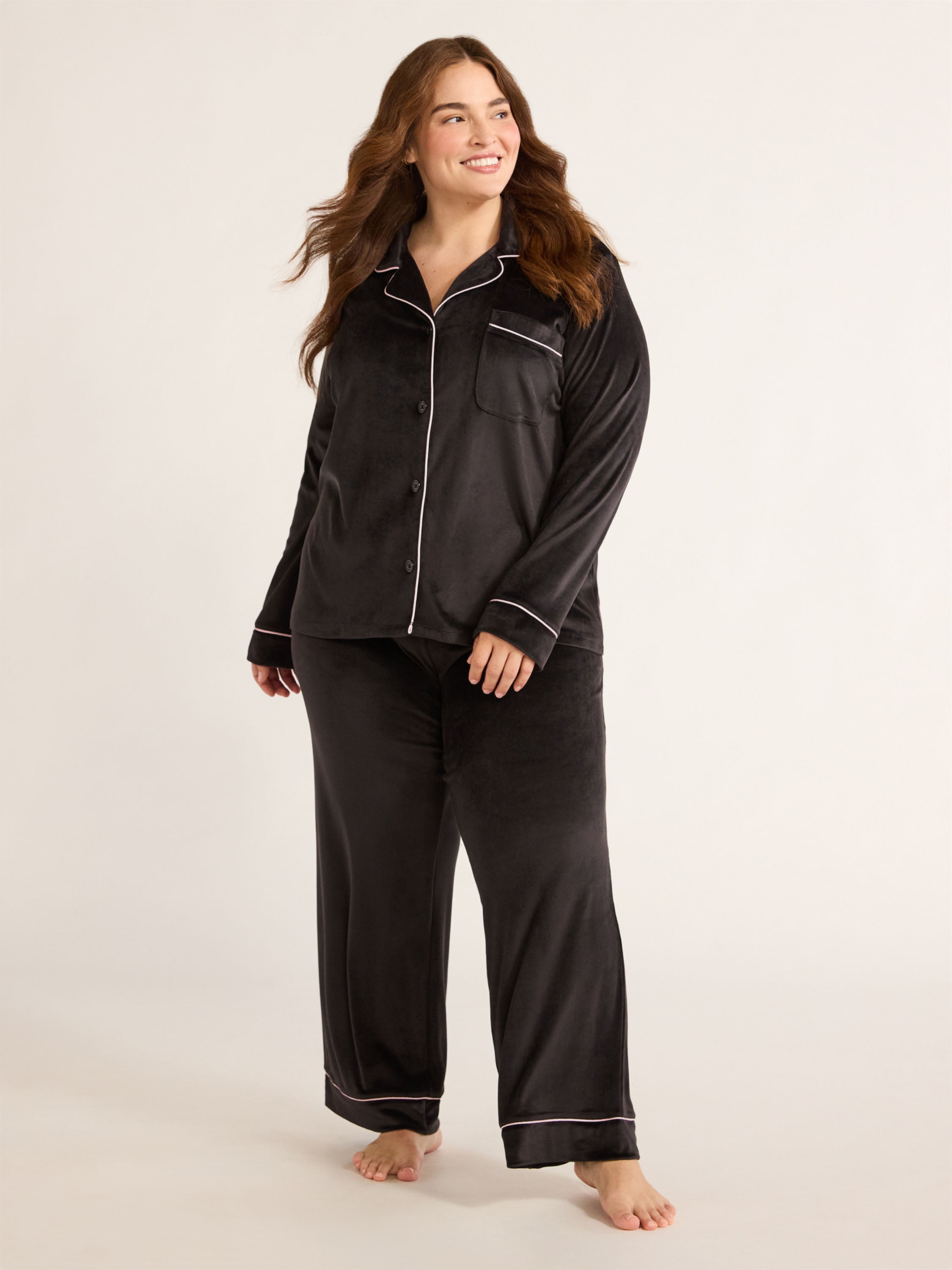 Joyspun Women's Velour Notch Collar Top and Pants Pajama Set, 2-Piece, Sizes S-3X