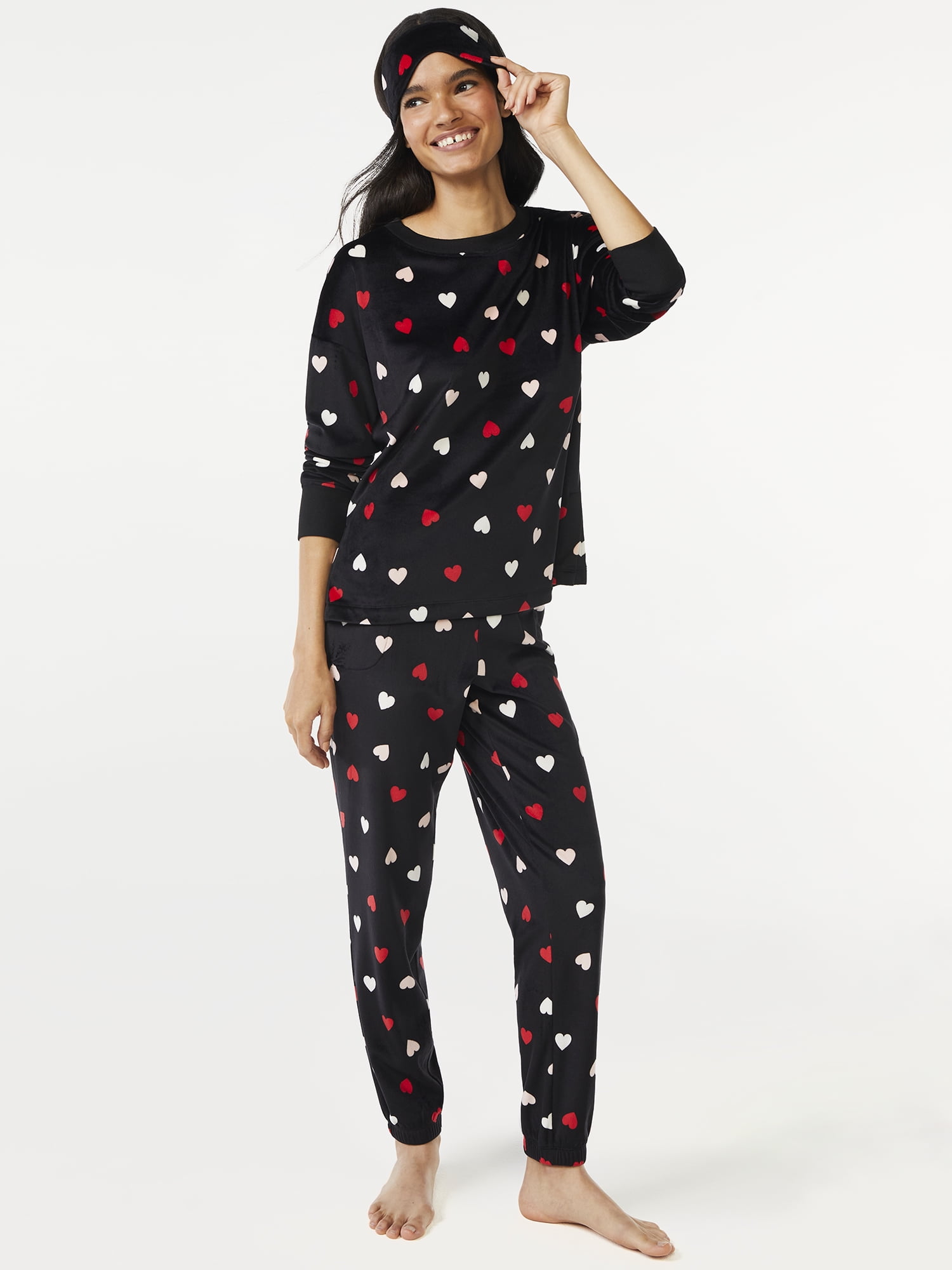 Joyspun Women's Velour Pajama Sleep Set with Eye Mask, 3Piece, Sizes S to 3X