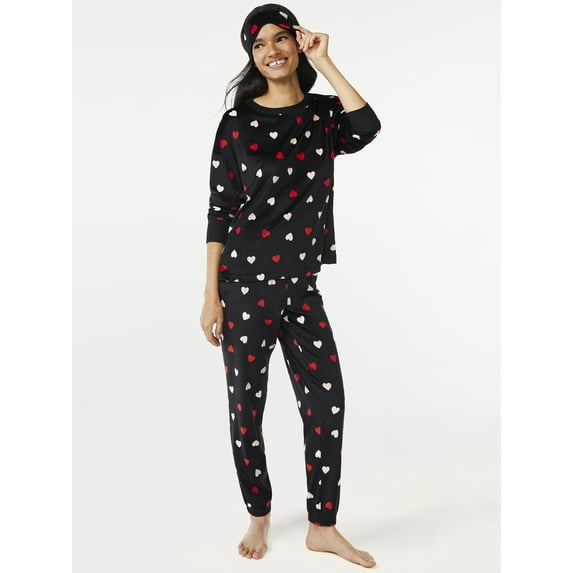 Joyspun Women's Velour Pajama Sleep Set with Eye Mask, 3-Piece, Sizes S to 3X