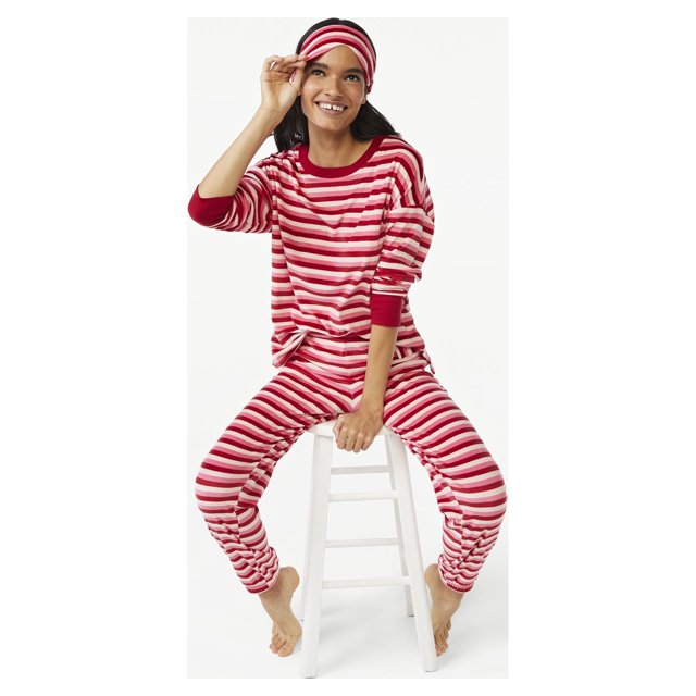 Joyspun Women's Velour Pajama Sleep Set with Eye Mask, 3Piece, Sizes S to 3X