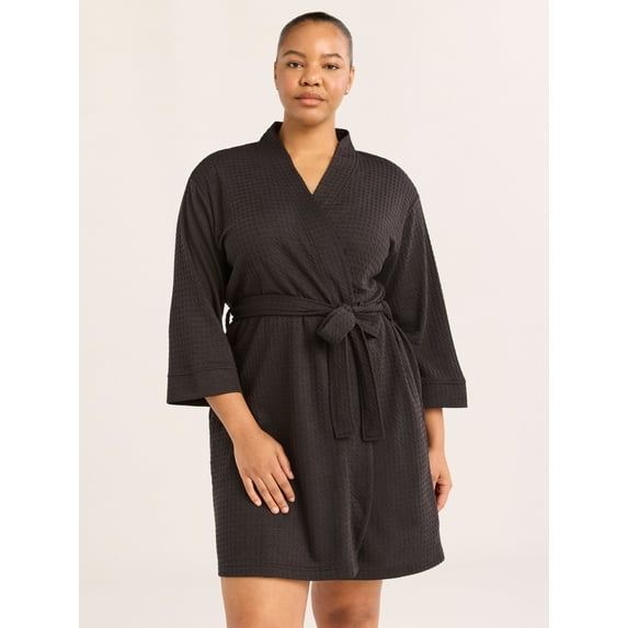 Joyspun Women's Waffle Kimono Short Wrap Robe, Sizes S-3X