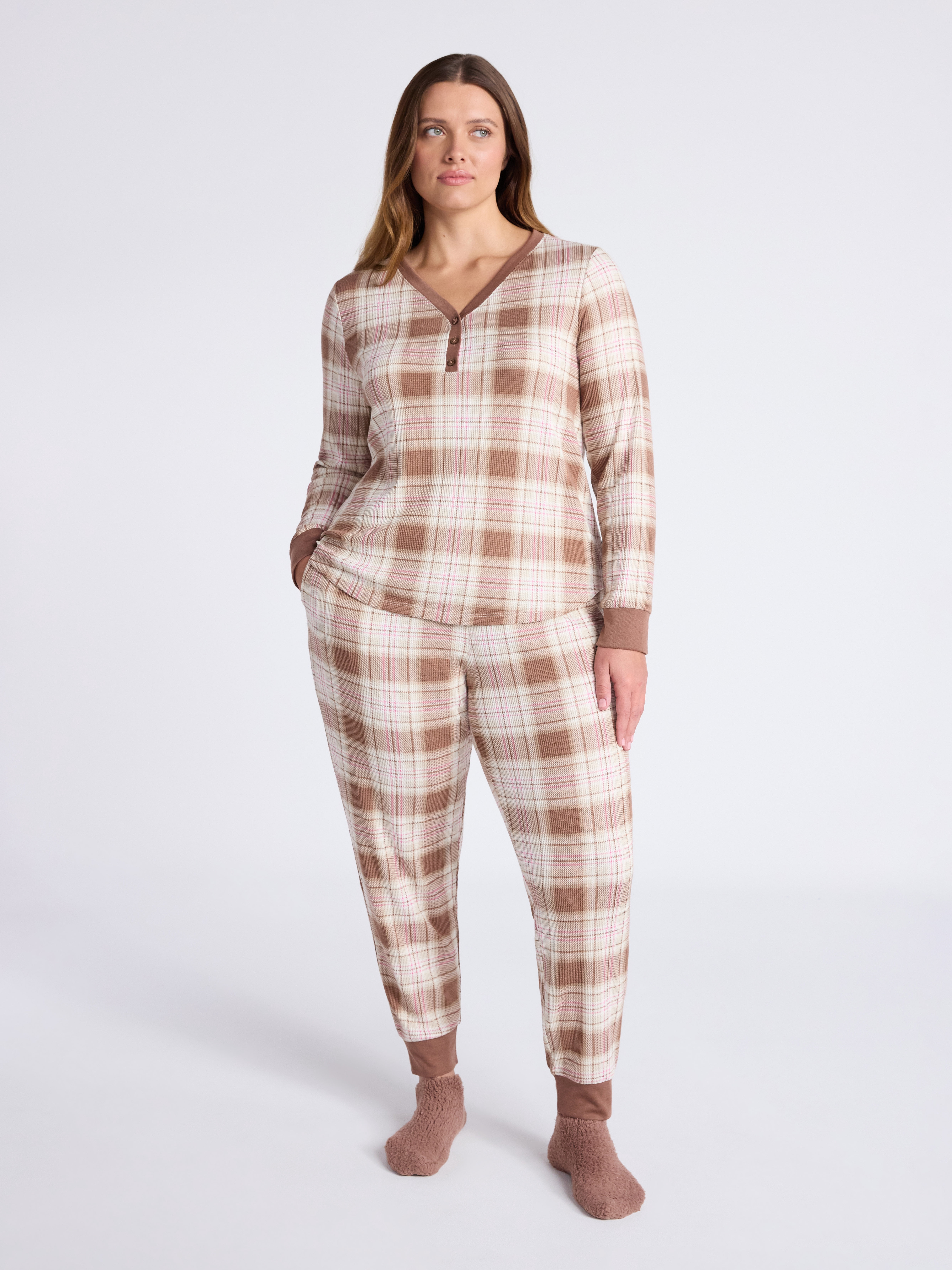 Joyspun Women's Waffle Knit Henley Sleep Top, Joggers and Socks Pajama Set, 3-Piece, Sizes XS-3X
