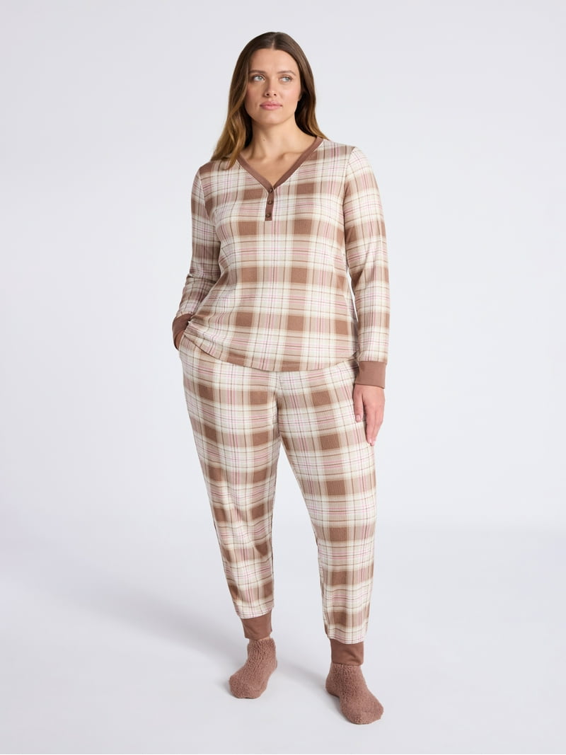 Joyspun Women's Waffle Knit Henley Sleep Top, Joggers and Socks