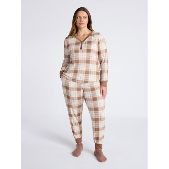 Joyspun Women's Waffle Knit Henley Sleep Top, Joggers and Socks Pajama Set, 3-Piece, Sizes XS-3X