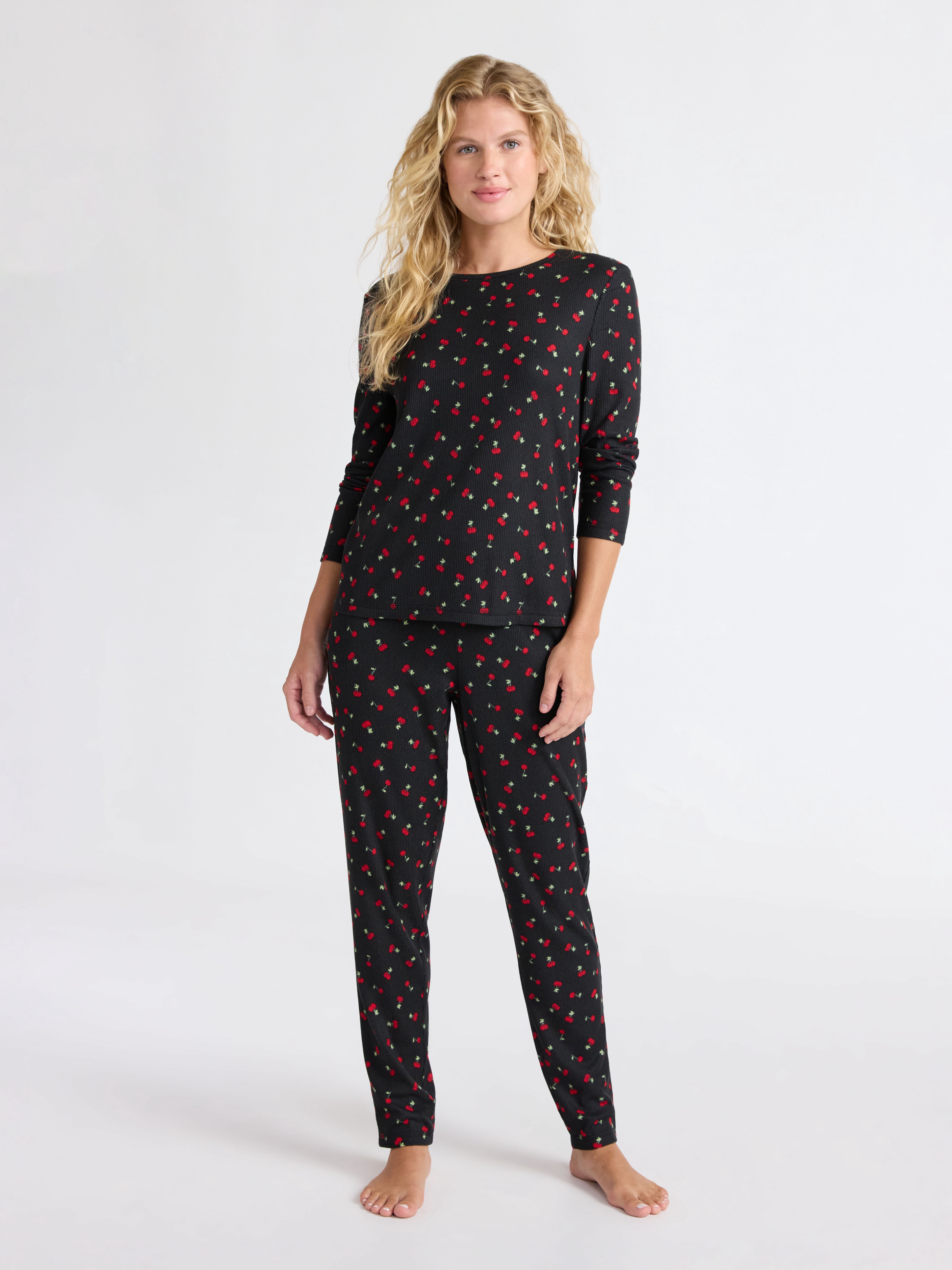 Joyspun Women's Waffle Knit Long Sleeve Top and Joggers Pajama Set, 2-Piece, Sizes S-3X