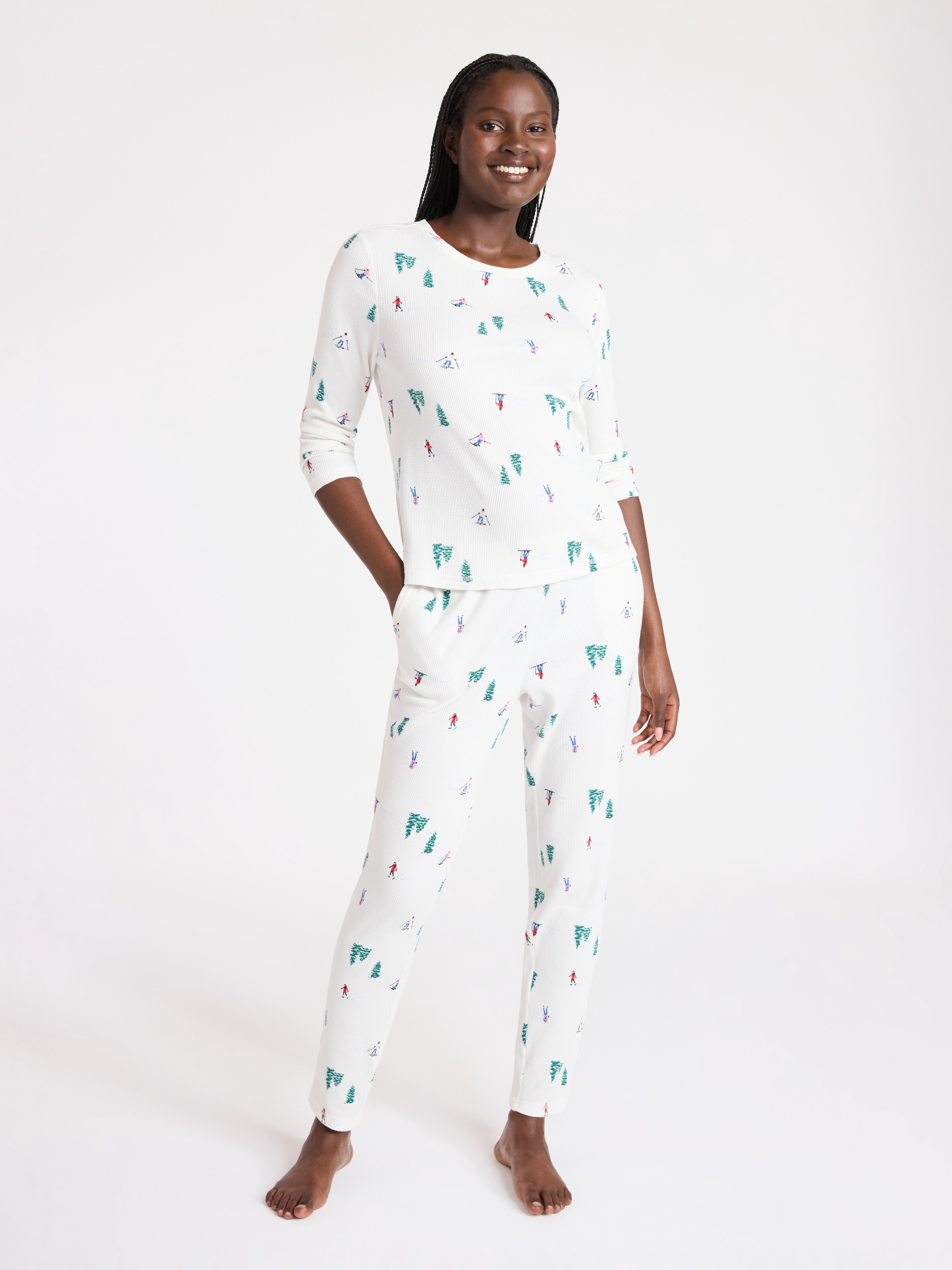 Women's Waffle Knit Long Sleeve Top and Joggers Pajama Set, 2-Piece, Sizes S-3X