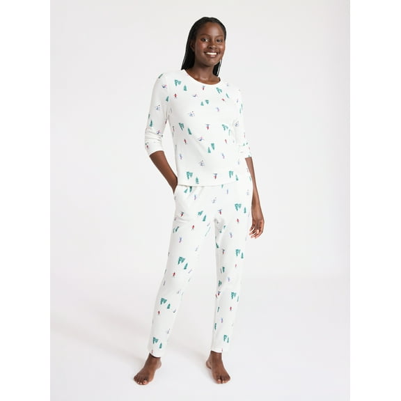Joyspun Women's Waffle Knit Long Sleeve Top and Joggers Pajama Set, 2-Piece, Sizes S-3X