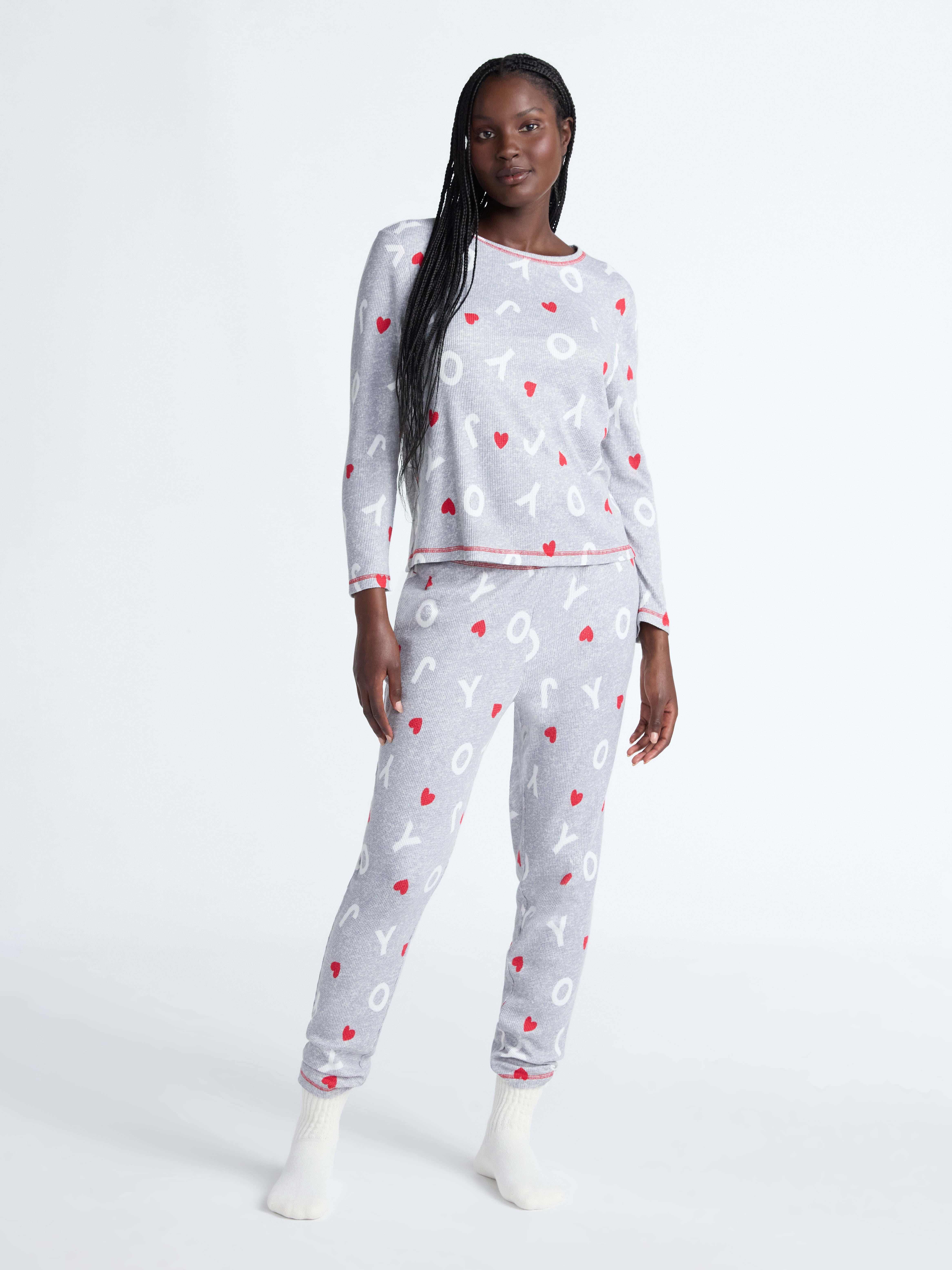 Joyspun Women's Waffle Knit Long Sleeve Top and Joggers Pajama Set, 2-Piece, Sizes S-3X