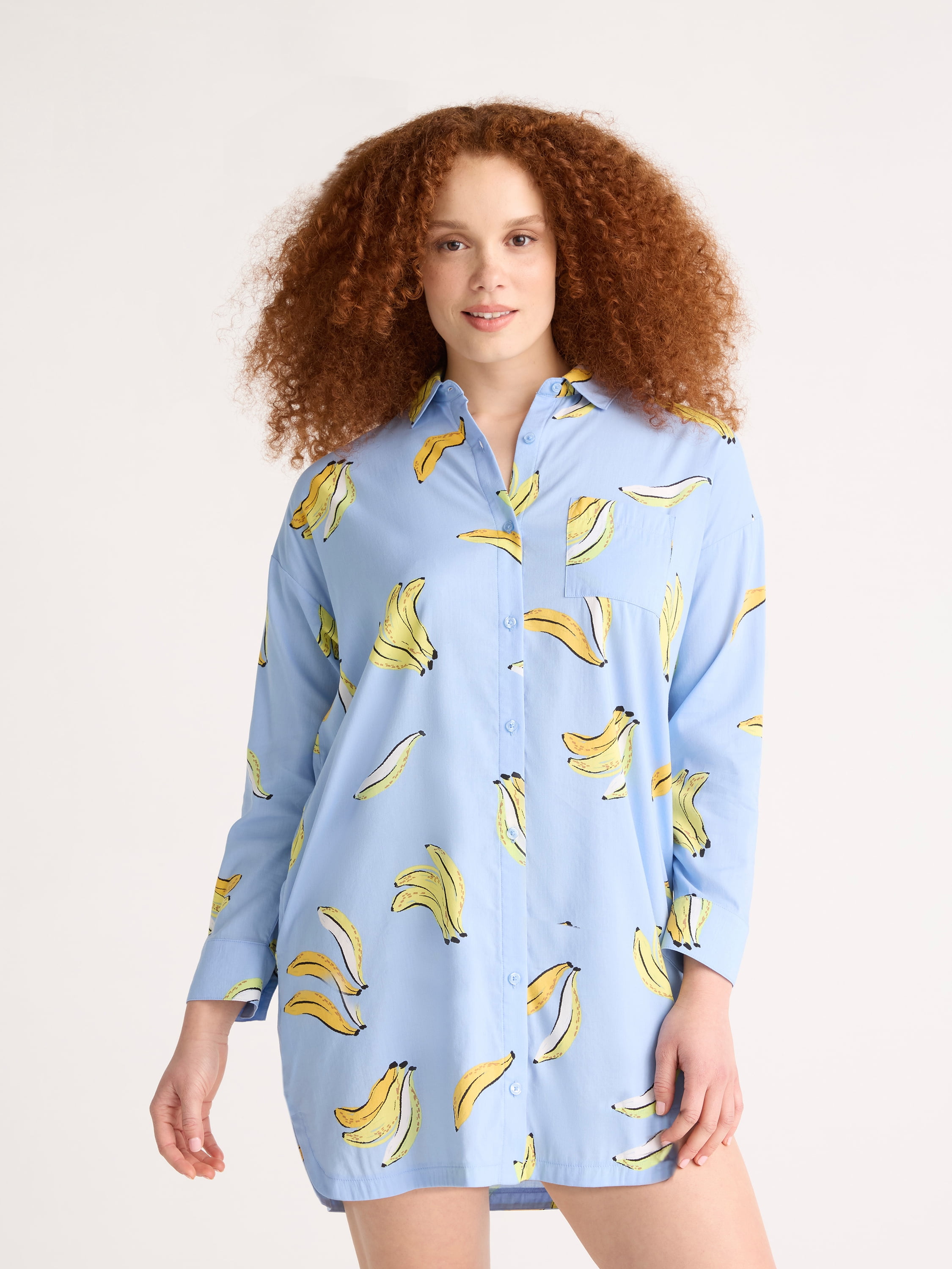 Joyspun Women’s Woven Long Sleeve Button Front Sleepshirt, Sizes XS-3X