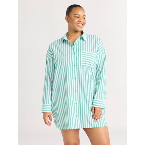 Joyspun Women’s Woven Long Sleeve Button Front Sleepshirt, Sizes XS-3X