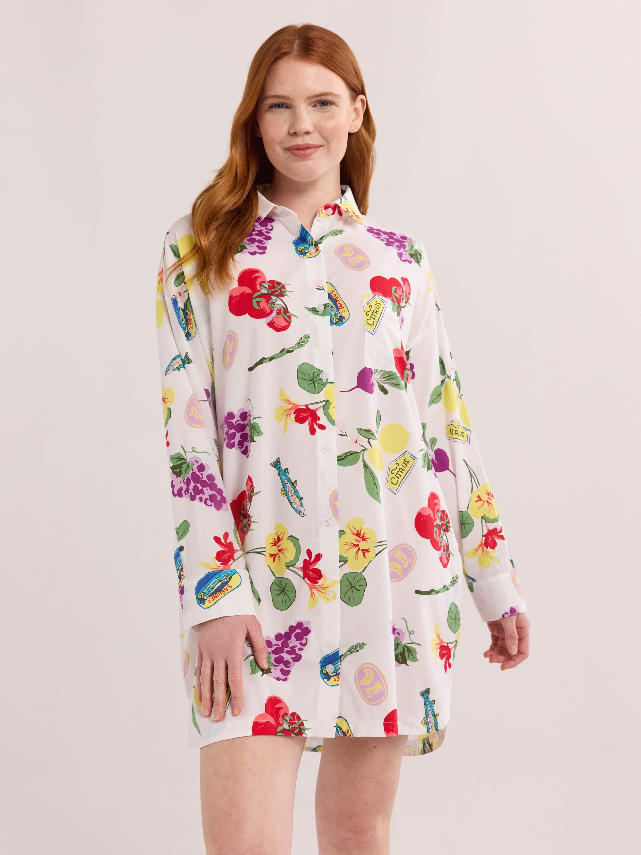 Joyspun Women’s Woven Long Sleeve Button Front Sleepshirt, Sizes XS-3X