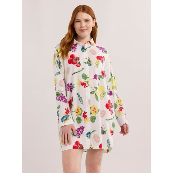 Joyspun Women’s Woven Long Sleeve Button Front Sleepshirt, Sizes XS-3X