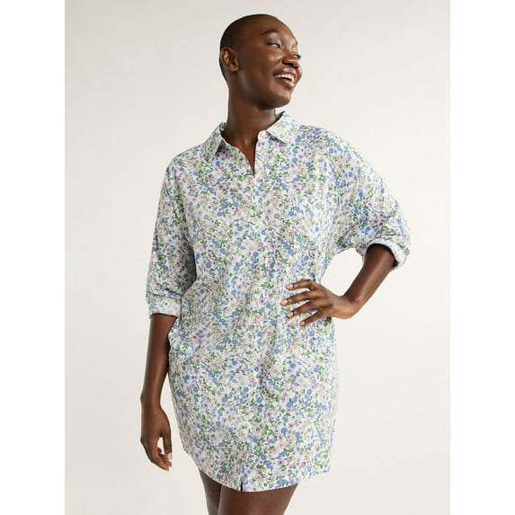 Joyspun Women’s Woven Long Sleeve Button Front Sleepshirt, Sizes XS-3X