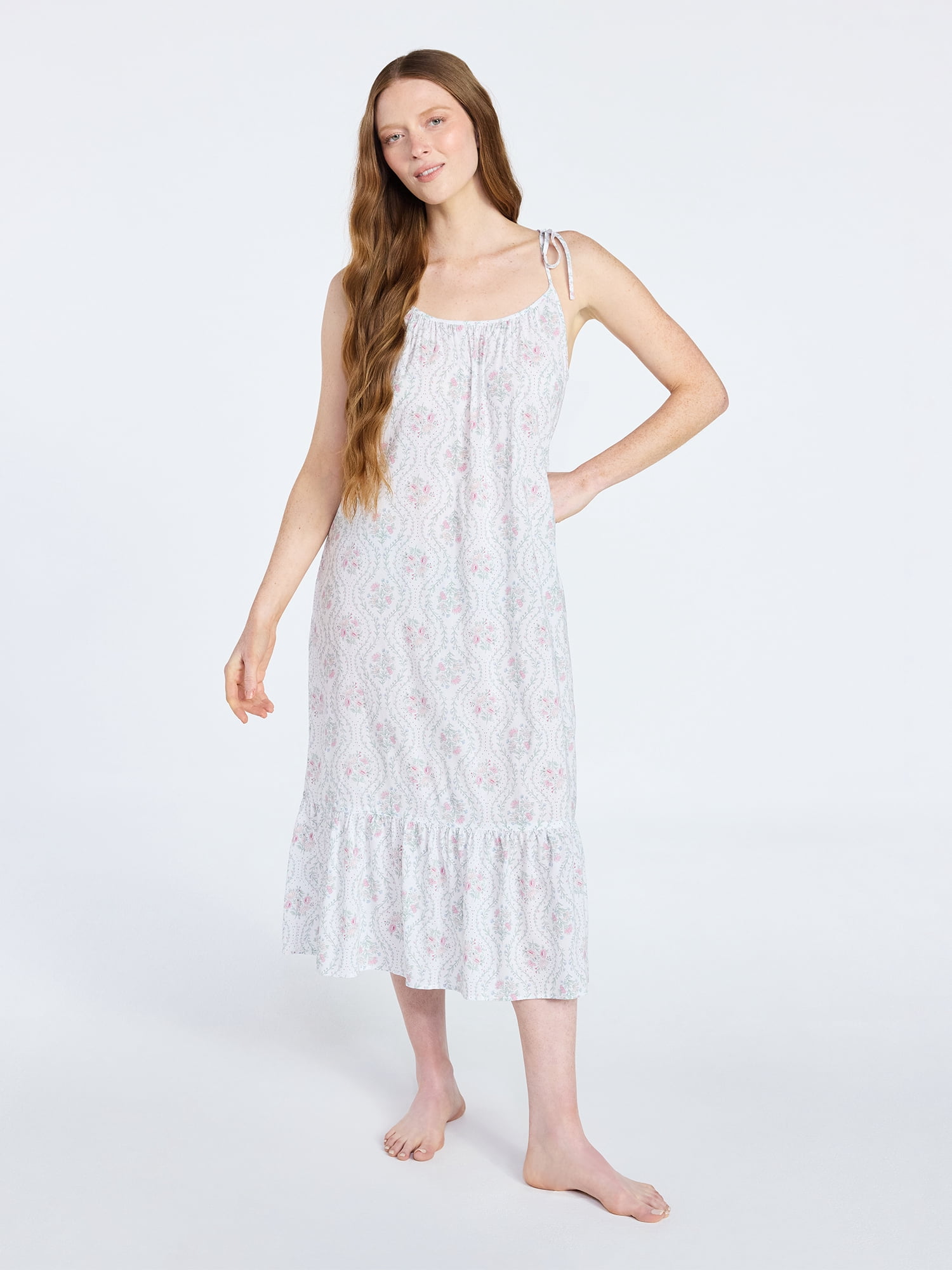 Joyspun Women's Woven Midi Sleep Gown with Shoulder Tie, Sizes XS-3X