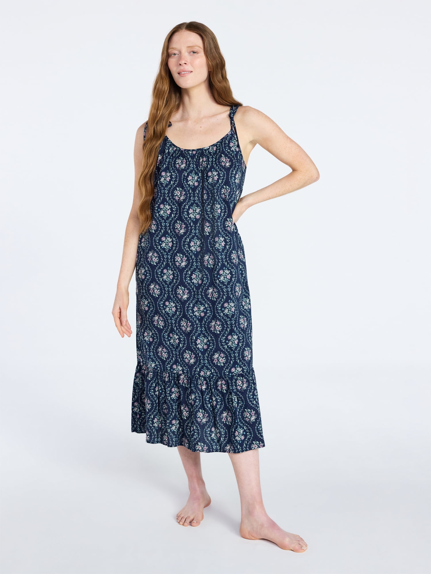 Joyspun Women's Woven Midi Sleep Gown with Shoulder Tie, Sizes XS-3X