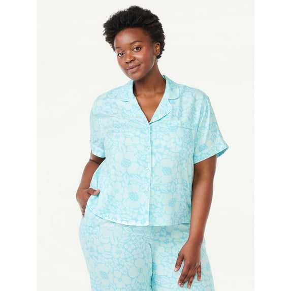Joyspun Women's Woven Notch Collar Pajama Top, Sizes S to 3X