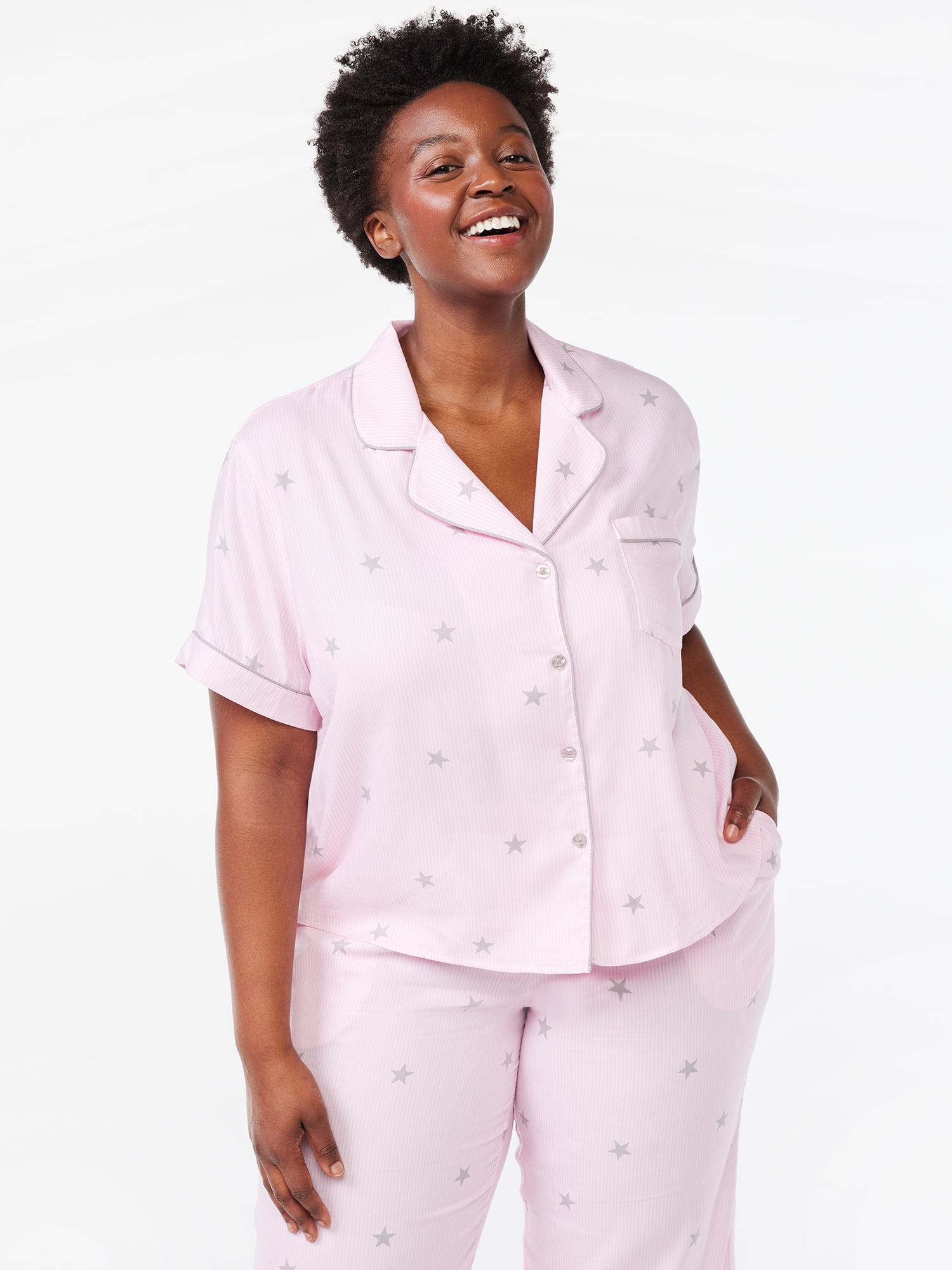 Joyspun Women's Woven Notch Collar Pajama Top, Sizes S to 3X