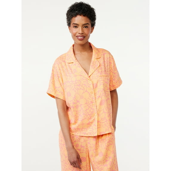Joyspun Women's Woven Notch Collar Pajama Top, Sizes S to 3X