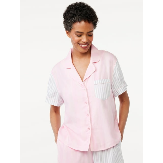 Joyspun Women's Woven Notch Collar Pajama Top, Sizes S to 3X
