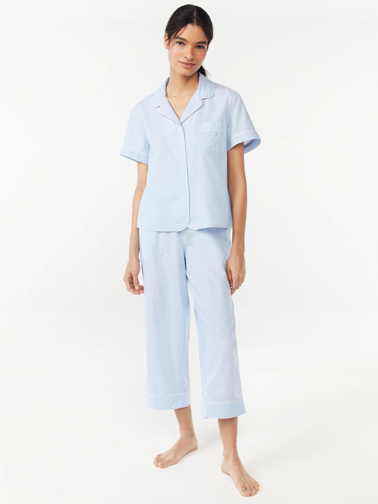 Joyspun Women's Woven Notch Collar Top and Capri Pajama Set, Sizes S to ...