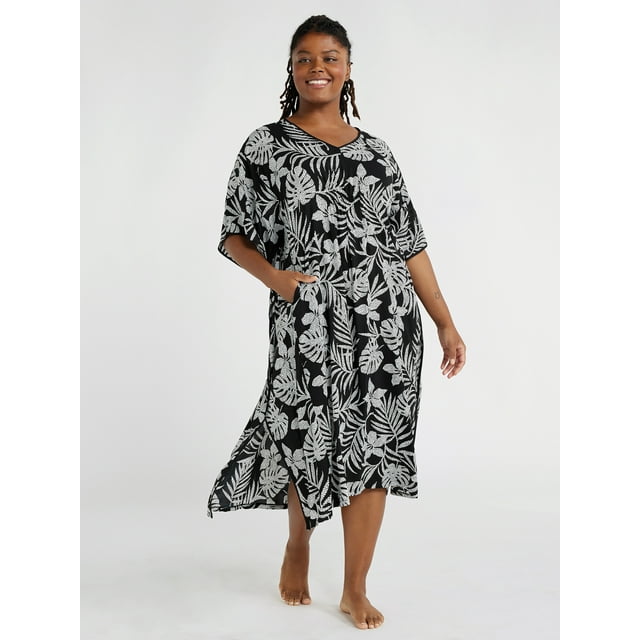 Joyspun Women's Woven Print Sleep Caftan, Sizes S to 4X