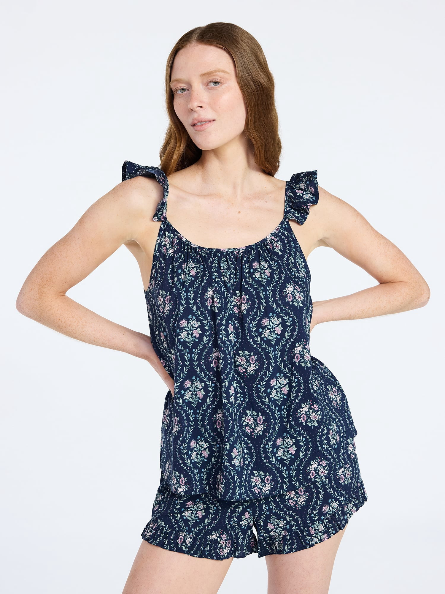 Joyspun Women's Woven Sleep Cami and Shorts Set with Ruffle, 2-Piece, Sizes XS-3X