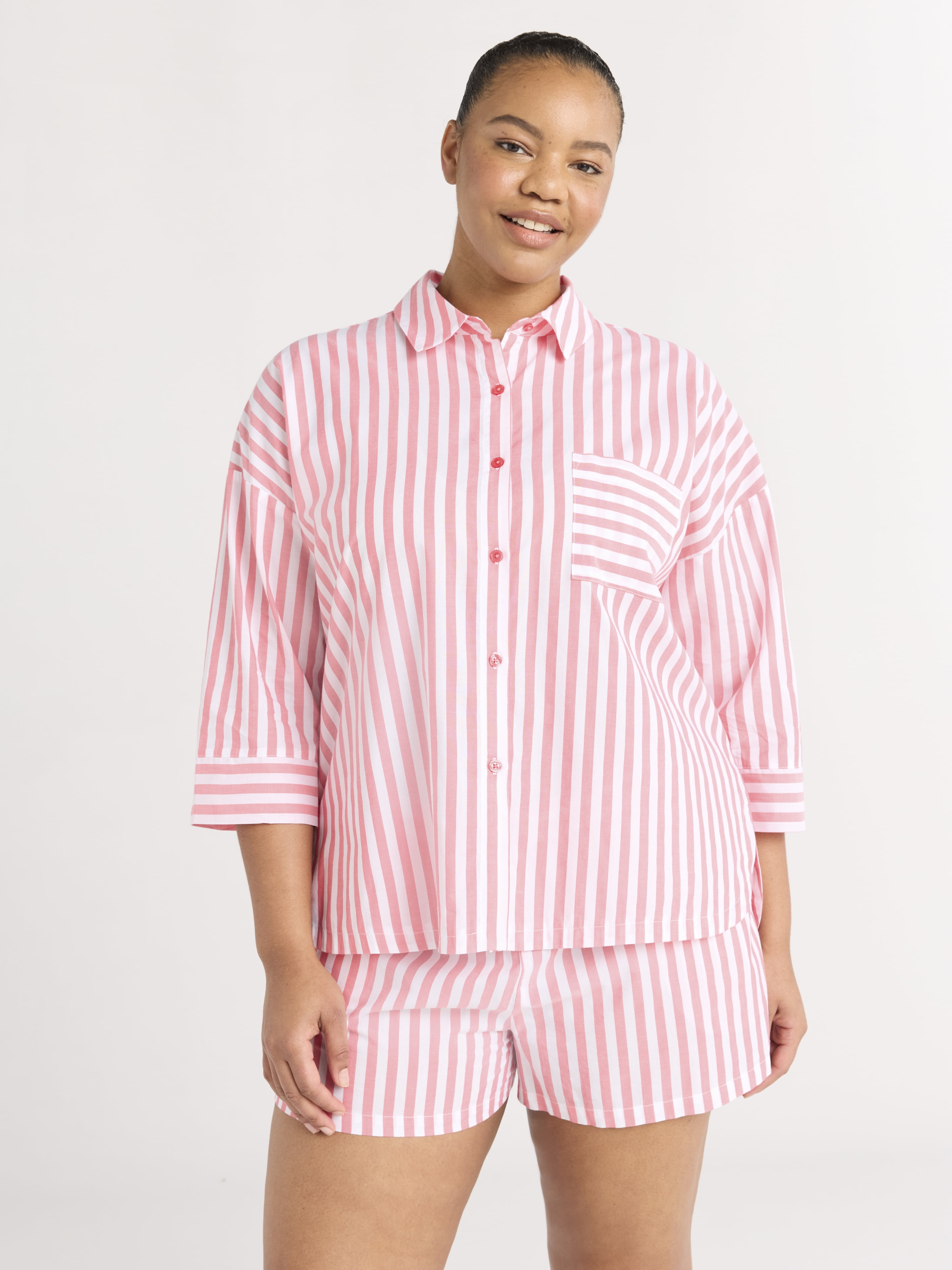 Joyspun Women’s Woven ¾ Sleeve Notch Collar Top and Boxer Shorts Pajama Set, Sizes XS-3X