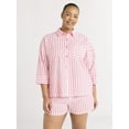 thumbnail image 1 of Joyspun Women’s Woven ¾ Sleeve Notch Collar Top and Boxer Shorts Pajama Set, Sizes XS-3X, 1 of 6