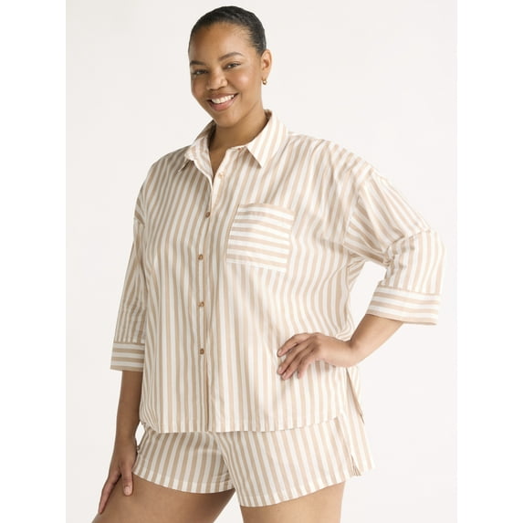 Joyspun Women’s Woven ¾ Sleeve Notch Collar Top and Boxer Shorts Pajama Set, Sizes XS-3X