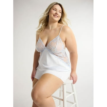 Joyspun Women’s and Women’s Plus Bridal Satin Cami and Shorts Set with Lace Trim, Sizes XS to 3X