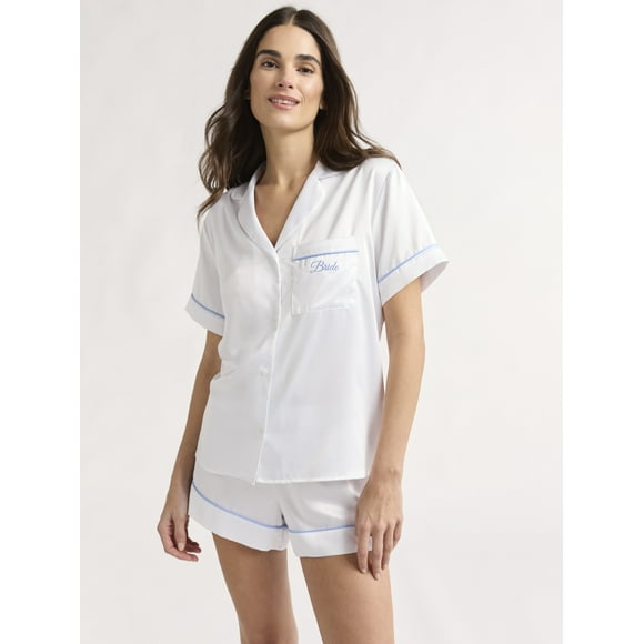 Joyspun Women’s and Women’s Plus Bridal Satin Shortie Pajama Set, Sizes XS to 3X