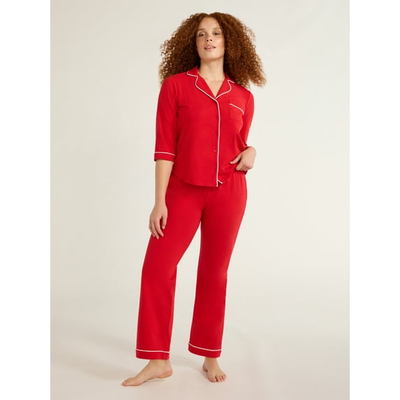 Joyspun Women’s and Women’s Plus Cotton Blend Notch Collar Pajama Set, 2-Piece, Sizes XS to 4X