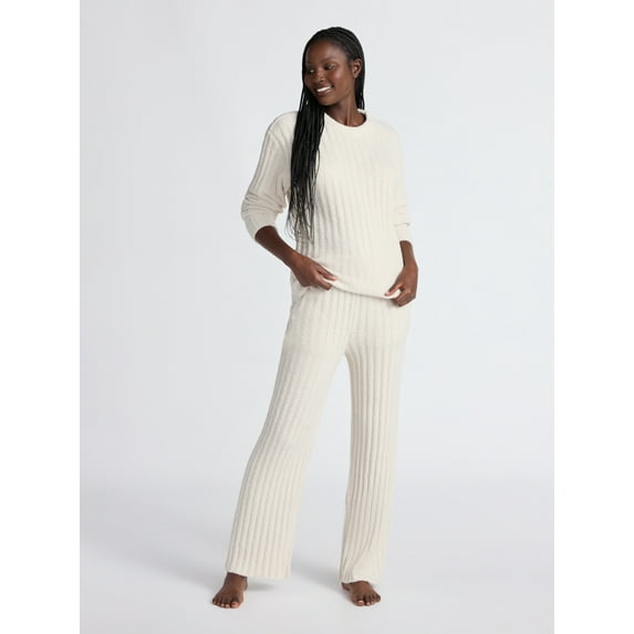 Joyspun Women's Cozy Ribbed Crewneck Top and Wide-Leg Pants Set, 2-Piece, Sizes XS-3X