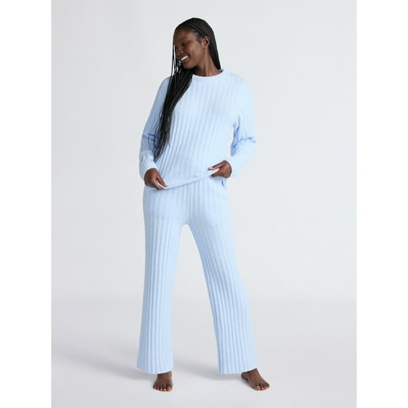 Joyspun Women's Cozy Ribbed Crewneck Top and Wide-Leg Pants Set, 2-Piece, Sizes XS-3X