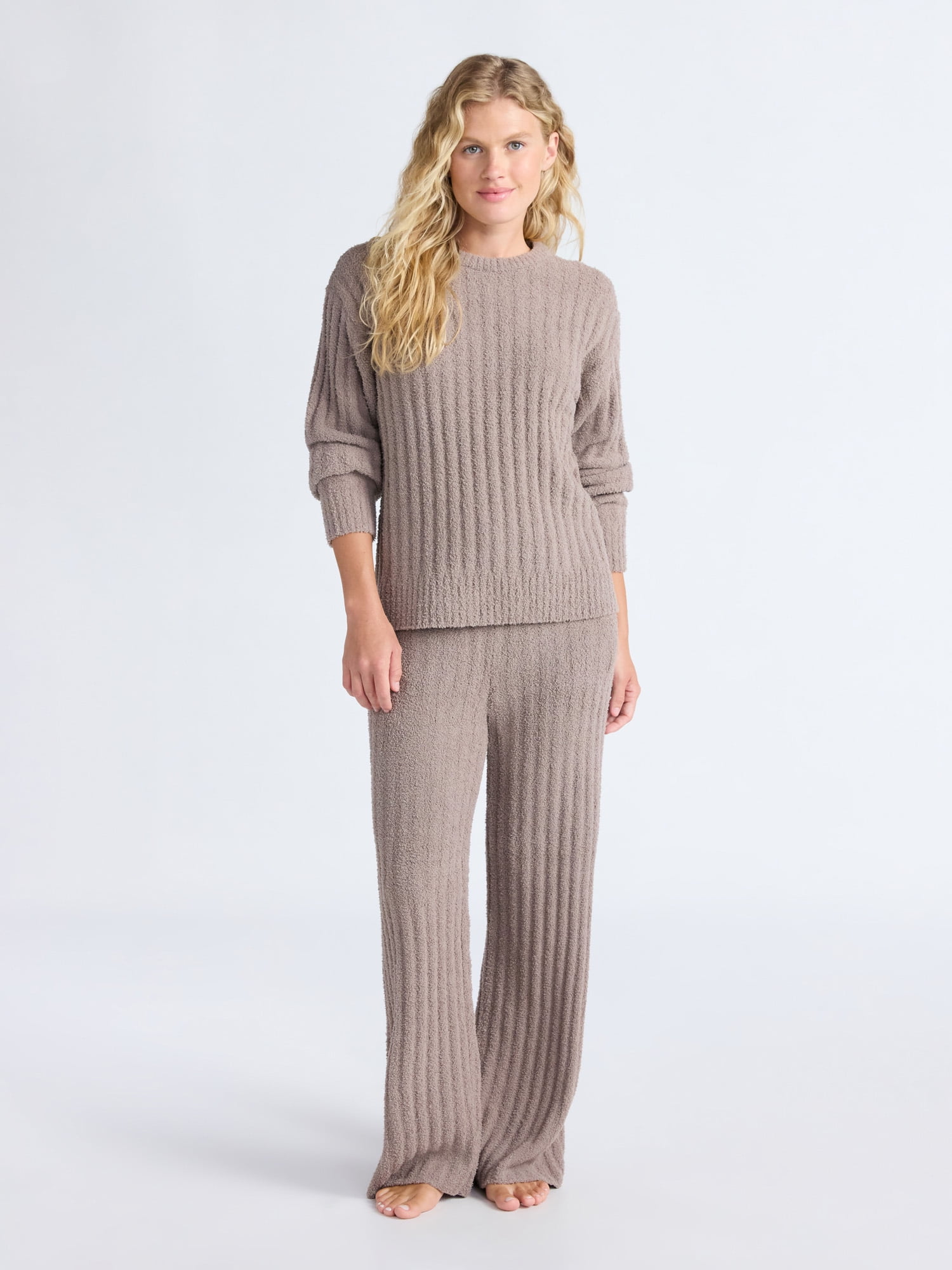 Joyspun Women's Cozy Ribbed Crewneck Top and Wide-Leg Pants Set, 2