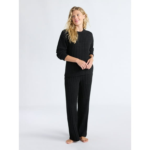 Joyspun Women's Cozy Ribbed Crewneck Top and Wide-Leg Pants Set, 2-Piece, Sizes XS-3X